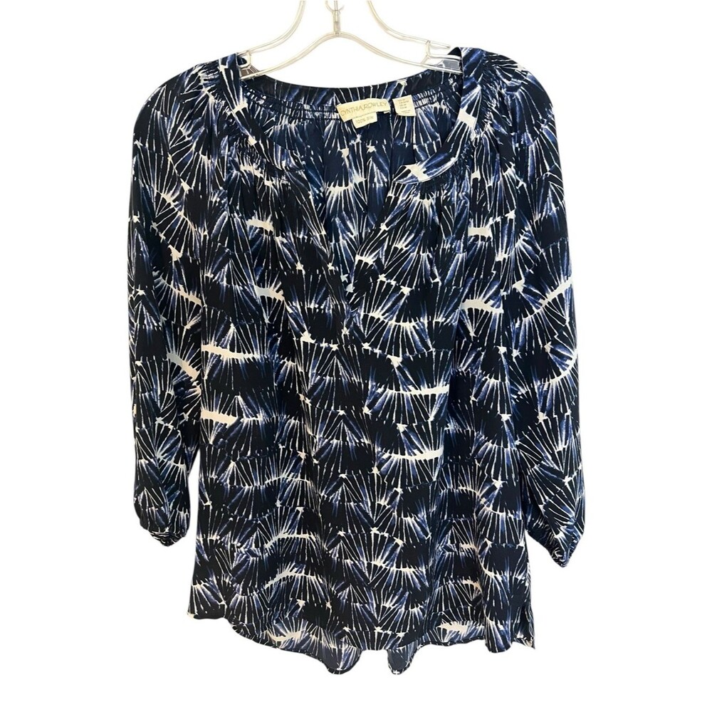 Cynthia Rowley 100% Silk Blouse Blue White Abstract Print Peasant Top M